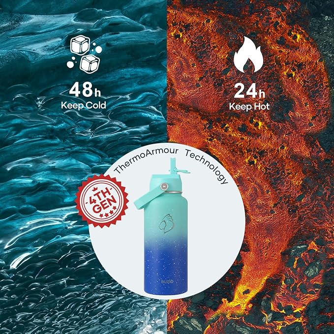 BUZIO 32 oz Water Bottle Insulated, Leakproof Stainless Steel Flask (Cold for 48 Hrs), Wide Mouth BPA-Free Metal Thermo Hydro Canteen with 2 Lids, Starry Gradient Blue