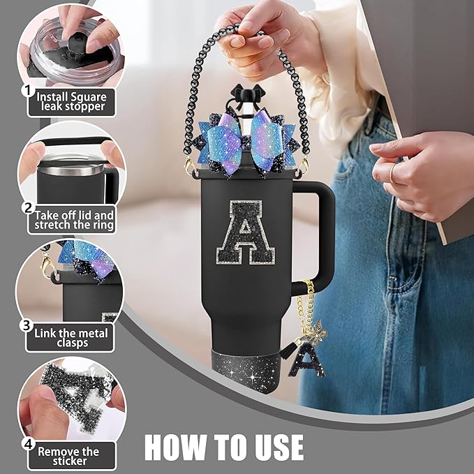 9PCS Black for Stanley Cup Accessories Set Bling Initials Bow Charms for Stanley Decorations 30/40 Oz Tumbler Accessories Including Bow Straw Topper, Handle Strap, Spill Stopper（Letter T）