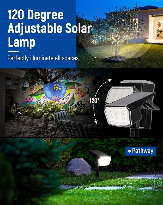AUDERWIN Solar Spot Lights Outdoor 63 LED 3 Lighting,Waterproof IP65 Modes Spotlights for Outside House Yard Garden Landscape Lights 3 Pack (Natural Light)