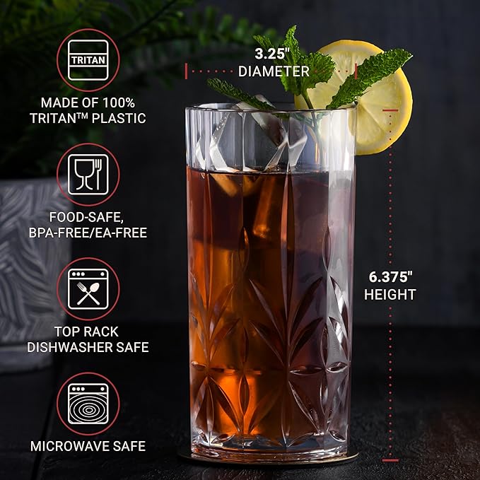 Bravario Unbreakable Plastic Drinking Water Tumblers, Dishwasher Safe 100% Tritan Glasses, BPA-Free Shatterproof Outdoor Highball Drinkware, 18 oz, Set of 6