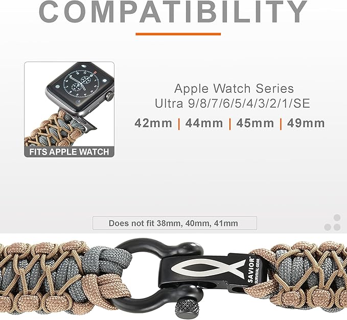 Savior Survival Gear Paracord Watch Band,Compatible with Apple Watch Band 49mm 46mm 45mm 44mm 42mm,iWatch Band Series Ultra 10 9 8 7 6 5 4 3 2 1 SE – Adjustable strap for men (Brown Gray-Khaki, Large)