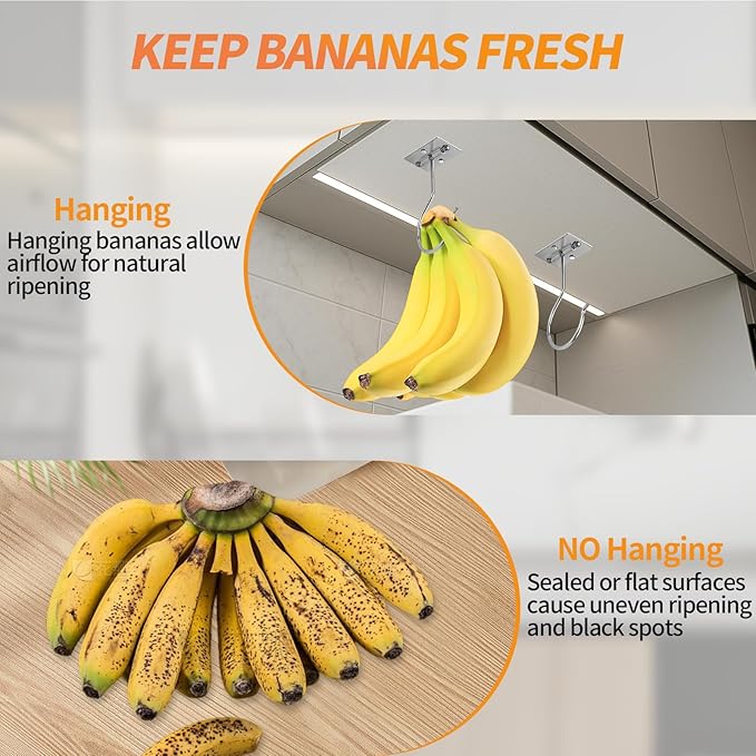 2PCS Banana Hook Under Cabinet,Adhesive Bananas Hanger with Fordable Design,Durable Metal Banana Holder for Hanging Bananas,Kitchen Organization Or Multi-Purpose Home Us(Silver)