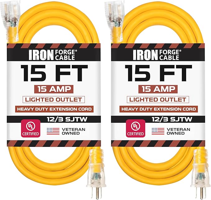 Iron Forge Cable Lighted Outdoor Extension Cord 15 ft 2 Pack - 12 Gauge 15 Amp Heavy Duty Power Extension Cords - SJTW - Great for Major Appliances, Power Tools, Garden Supplies - Yellow