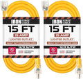 Iron Forge Cable Lighted Outdoor Extension Cord 15 ft 2 Pack - 12 Gauge 15 Amp Heavy Duty Power Extension Cords - SJTW - Great for Major Appliances, Power Tools, Garden Supplies - Yellow