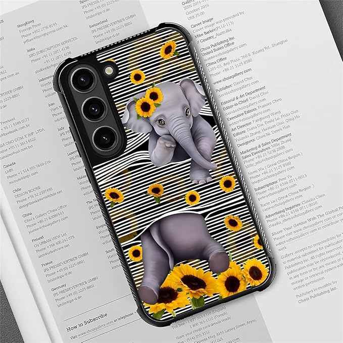 for Samsung Galaxy S23 Plus Case, Cute Little Elephant Sunflower White Line Art Pattern Graphic Design Soft Silicone Hard Acrylic Shock Protection for Samsung Galaxy S23 Plus