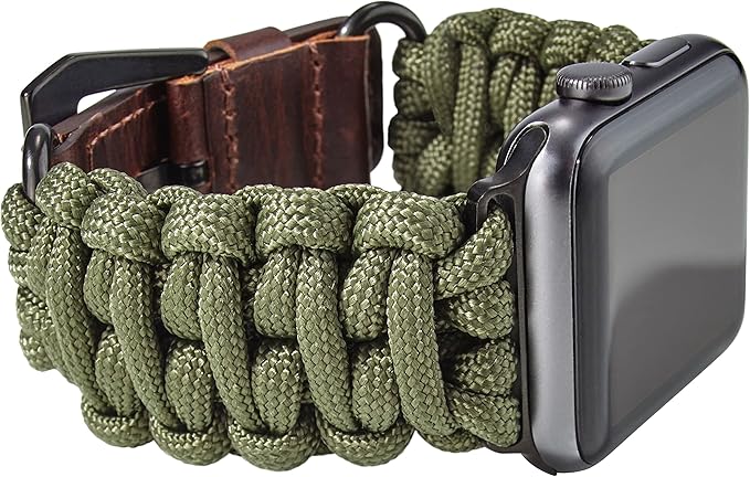 Savior Survival Gear Paracord Band Compatible with Apple Watch Band 49mm 46mm 45mm 44mm 42mm,iWatch Band Series Ultra 10 9 8 7 6 5 4 3 2 1 SE,Adjustable strap for men (Green-Brown Leather, Adjustable)