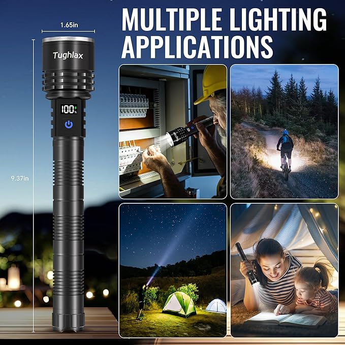 Rechargeable Flashlights High Lumens, 90,000 Lumens Super Bright LED Flashlight Tactical Flashlight with LCD Digital Display, 5 Modes Zoomable Waterproof Powerful Handheld Flashlight for Home