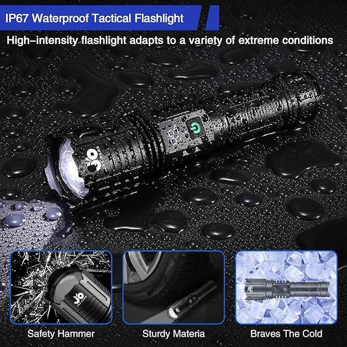 JAY-PARK Rechargeable Flashlights 10000 Lumen, LED Flashlight with Digital Power Display and Zoomable, Flashlights High Lumen Super Bright Long Distance for Camping, bushcraft, Outdoor