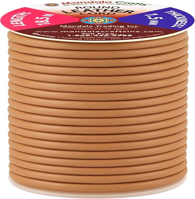Mandala Crafts Round Genuine Camel Leather Cord for Jewelry Making – 1.5mm Cowhide Leather Rope String Lace for Kumihimo – 20 Yards Cowhide Craft Cording Spool