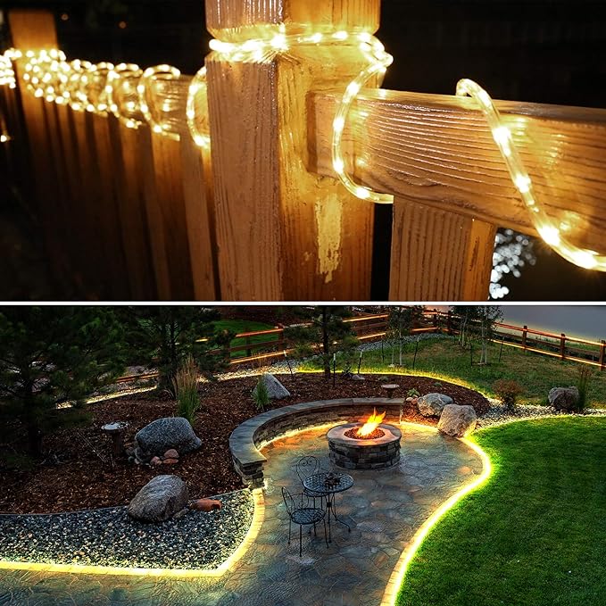 LE 33ft 240 LED Rope Lights Outdoor 24 Volts, 3/8 inch Clear Tube, Upgraded 2700K Warm White, Connectable (Up to 3 Sets), Not Dimmable, Waterproof String Lights for Patio Deck Railing Stair Landscape