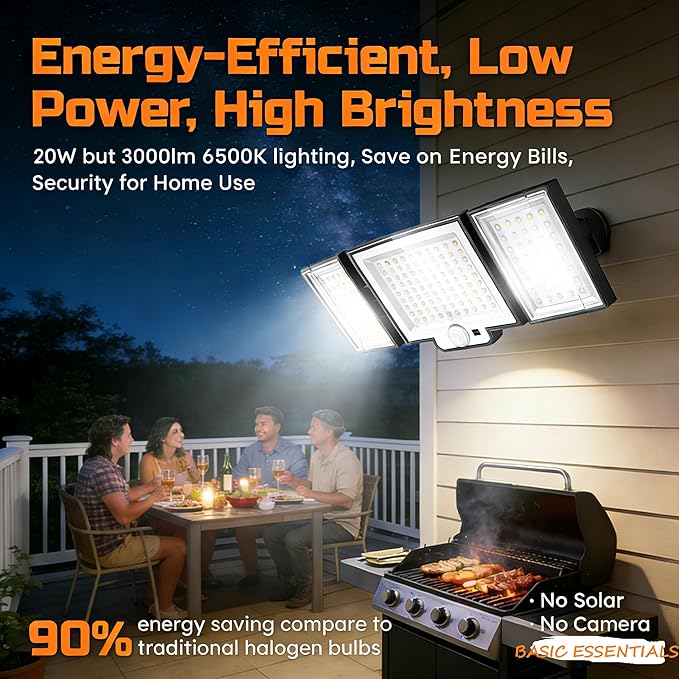 CLAONER LED Security Motion Sensor Outdoor Lights, 6500K Remote Control Floodlights, Dusk to Dawn 20W 3000LM Waterproof 3 Heads Hardwired Flood Light for Driveway, Garage, Porch (1 Pack)