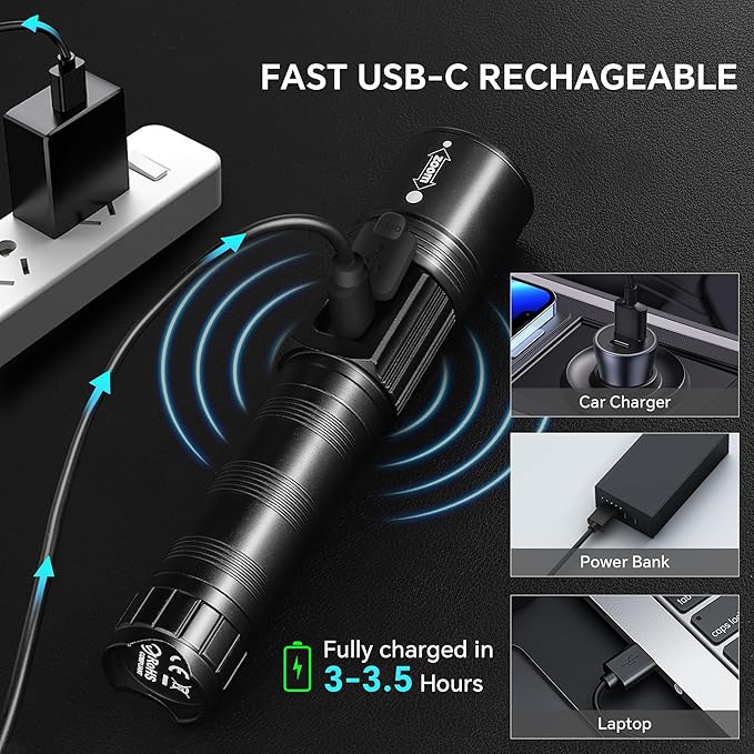 3Pack Rechargeable Flashlights 10000 High Lumens, Super Bright Flashlight with LCD Digital Display, 5Modes Adjustable LED Flashlight Tactical Flashlights High Powered, Flash Lights for Emergency