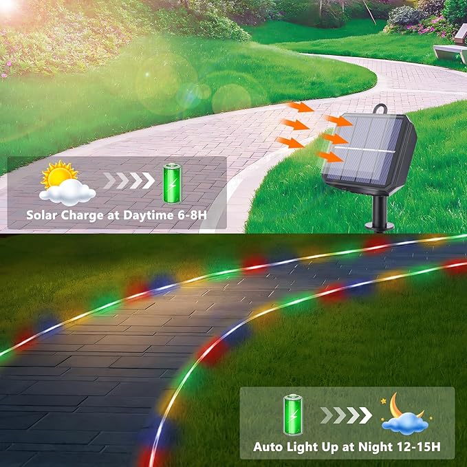 Solar Rope Lights, 2 Packs Total 132ft 400LED Solar String Lights, 8 Modes Waterproof Solar Powered Outdoor Light, Flexible Clear Tube Light for Garden Backyard Patio Deck Pool Tree Decor - Multicolor