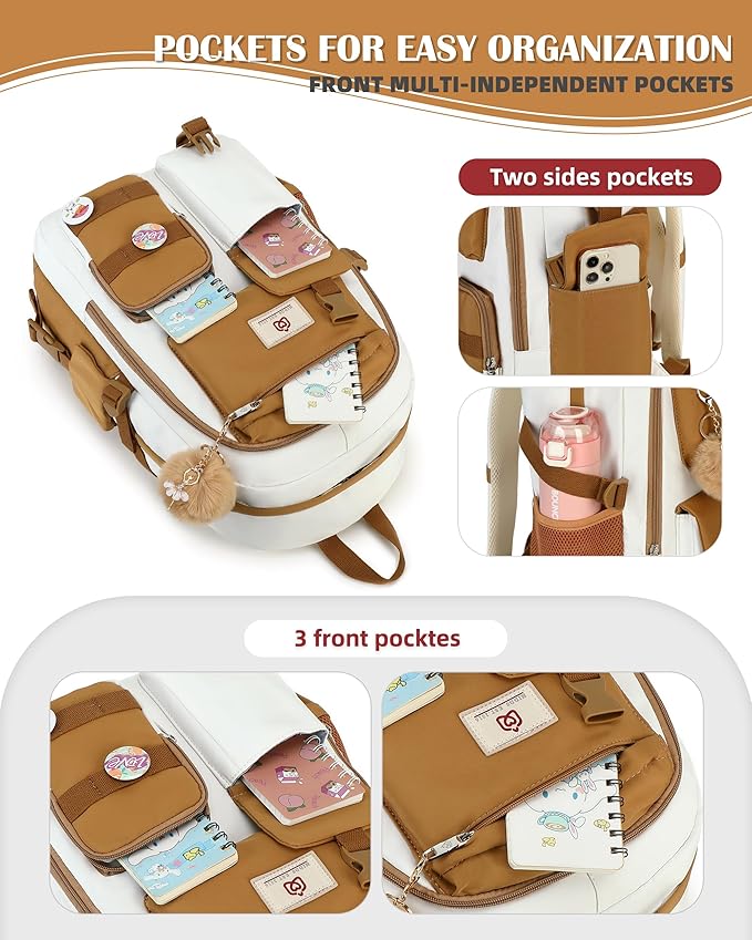 Hidds Laptop Backpacks 15.6 Inch School Bag Elementary Middle High College Backpack Cute Bookbags Anti Theft Travel Back Pack Casual Daypack Kids Book Bag for Teens Girls Women Students-Brown Beige