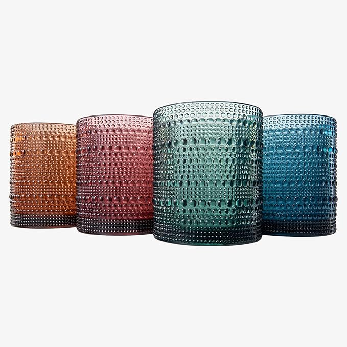 Khen Plastic Hobnail Drinking Glasses Set of 4 Neutral Tones Cups 14oz, Shatterproof & Unbreakable Acrylic Beaded Design, BPA-Free, Dishwasher Safe Indoor/Outdoor Drinkware for Water, Juice, Cocktails