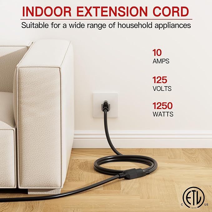18/3 Indoor Extension Cord 3 FT, Black Extension Cord Flexible & Durable, 3 Prong Power Cable, Suitable for Home and Office, 10 Amp 1250 Watt 125VAC 18AWG, ETL Listed