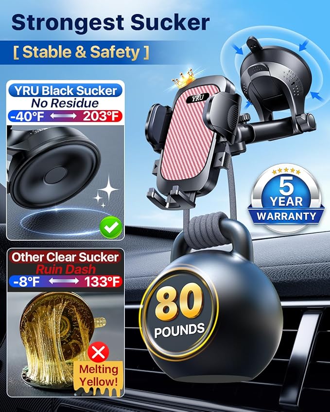 YRU [True Upgrade for Safety Car Phone Holder Mount [Patent & Military-Grade] Dashboard Cell Phone Holder for Car Vent Windshield Phone Stand for iPhone 17 16 15 14 13 Pro Max Truck Samsung, Pink