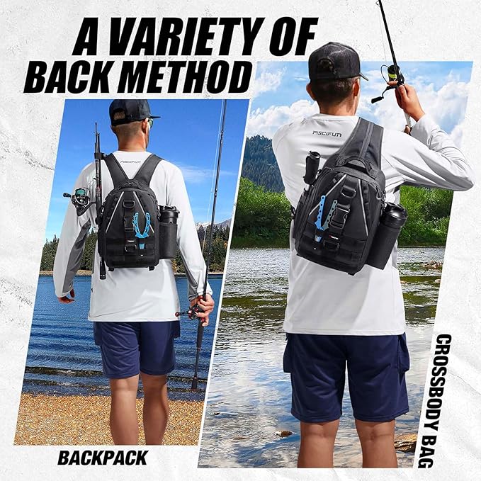 Piscifun Fishing Backpack with Rod Holder, Lightweight Sling Bag Storge Gear and Equipment