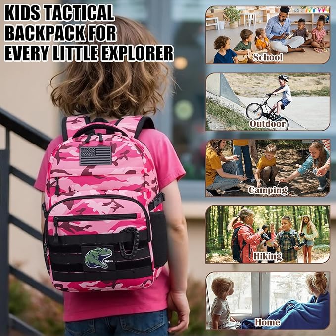 Kids Tactical Backpack Army Molle Bookbag Military Boys Backpack for School, Outdoor, Camping (Includes 2 Patches+1Carabiner), Pink CM