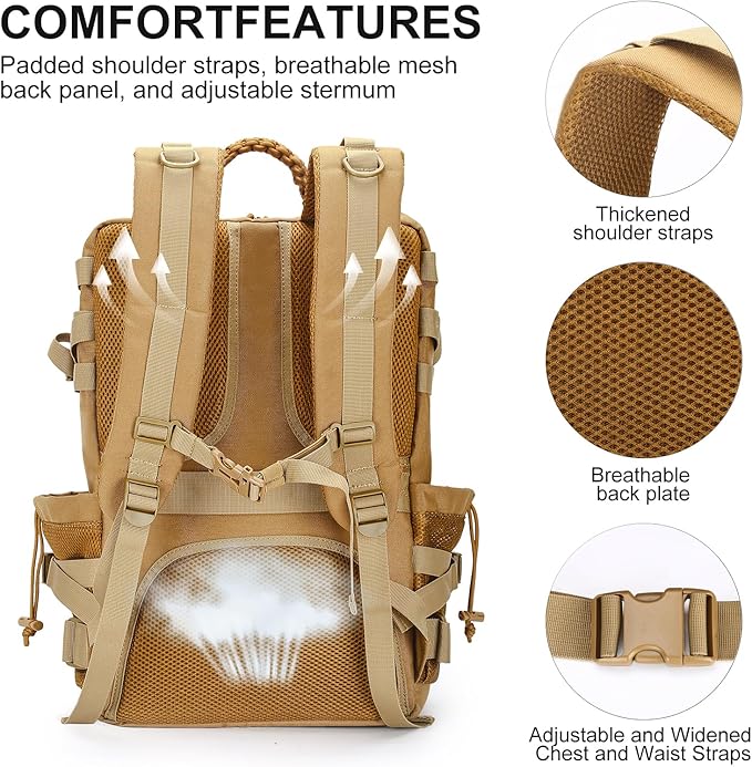Tactical Backpack for Men, 35L Travel Military Backpack with Shoe Compartment, 1000D Water Resistant Molle Rucksack for Outdoor Hiking Travel Camping, Khaki Color