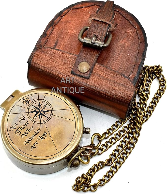 Vintage Brass Compass with Leather Case – Engraved “Not All Those Who Wander are Lost” – Antique Pocket Navigation Compass Gift for Travel Lovers, Hiking, Graduation, Birthday, Christmas