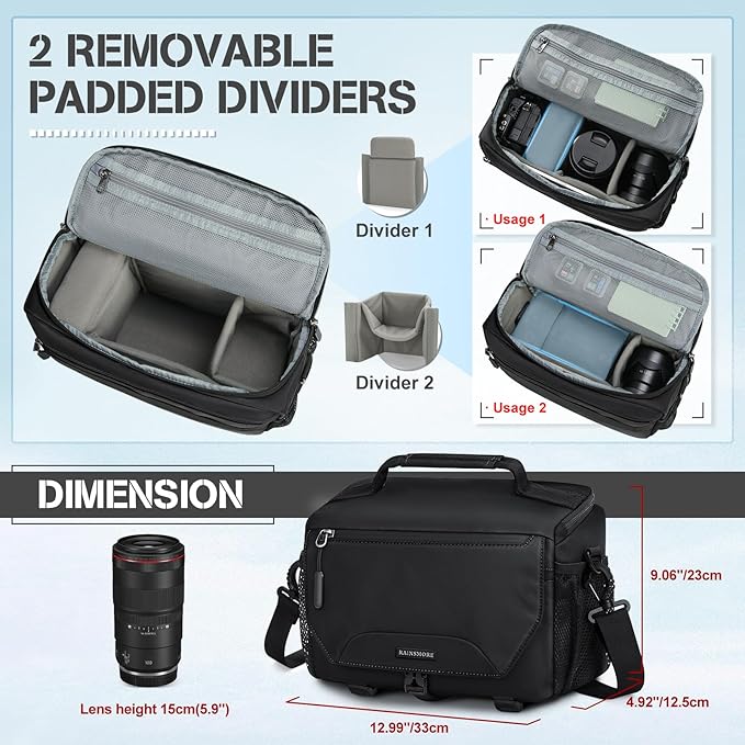 RAINSMORE Camera Bag, Small DSLR/SLR/Mirrorless Camera Sling Bag Waterproof Camera Case with Tripod Holder & Rain Cover Compact Crossbody Camera Bags for Photographers Everyday Shoulder Bags, Black