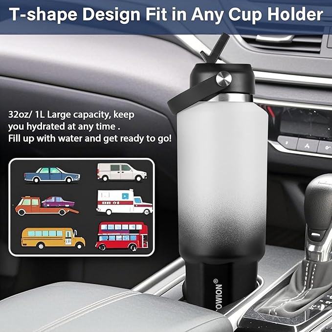 HYDROWION 40 oz Insulated Water Bottle, Car Water Bottle Holder - Double Wall Vacuum Insulated Travel Bottle with Straw Lid, Spout Lid and Flex Cap - Cold for 24H, Hot for 12H, Blue - Panda