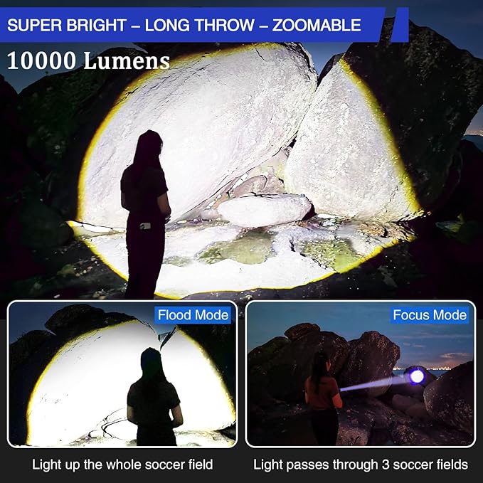 JAY-PARK Rechargeable Flashlights 10000 Lumen, LED Flashlight with Digital Power Display and Zoomable, Flashlights High Lumen Super Bright Long Distance for Camping, bushcraft, Outdoor