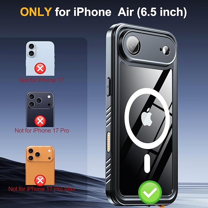 ANTSHARE for iPhone Air Case, Compatible with Magsafe, IP68 Waterproof Case, [Built-in Screen Protector] - 12 FT Military Dropproof - Full Body Heavy Duty Rugged Phone Cover - Black/Clear