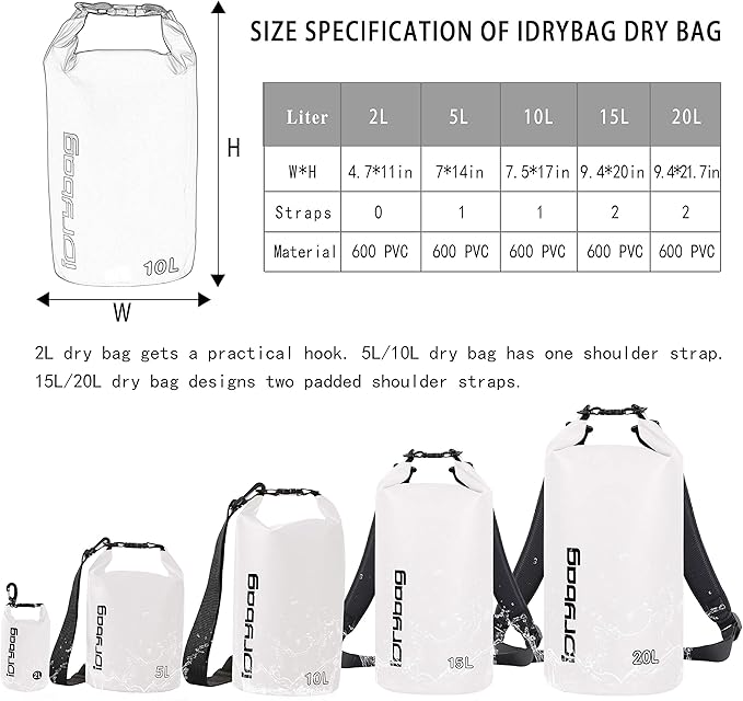 IDRYBAG Dry Bag for Kayaking Waterproof 2L/5L/10L/15L/20L, Small Dry Sack Waterproof Bag for Boating