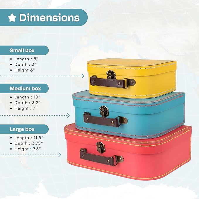 Jewelkeeper Decorative Storage Boxes Set of 3 - World Map Mini Suitcase Style Cardboard Suitcase with Brass Clasps and Handle - Ideal for Travel Decor, Event Props and Gift Presentation