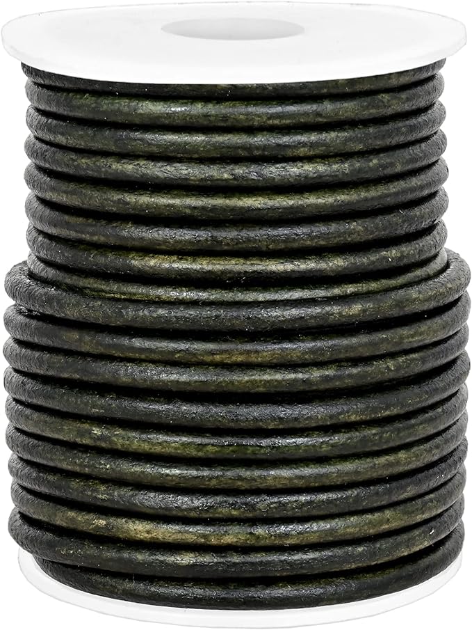 GENIQUE Real/Genuine Round Leather String Cord for Necklace, Bracelets, Jewellery, Braiding (Green Distressed, 5mm)