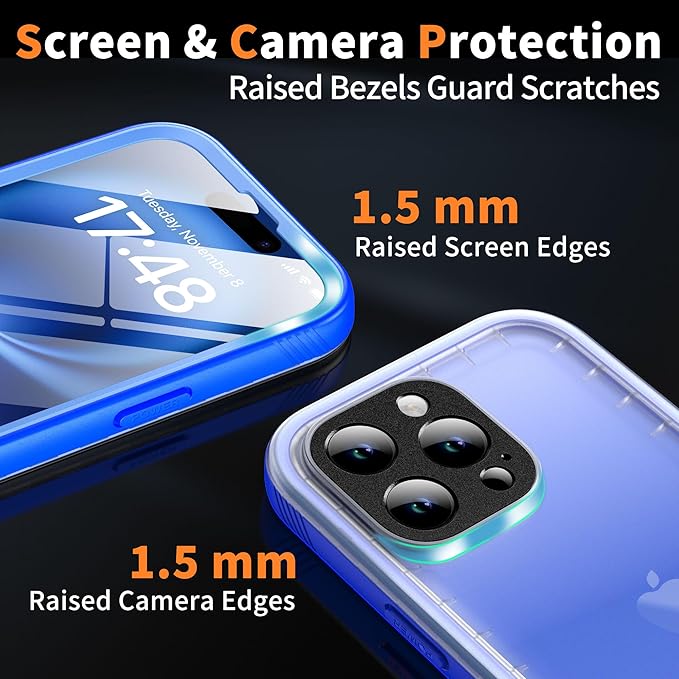 Cozycase for iPhone 16 Pro Case Waterproof - 360 Heavy Duty with Screen/Camera Protector Shockproof IP68 Underwater Dustproof Water Dust Shock Proof Full Body/Front and Back Case Blue/Frosted Clear