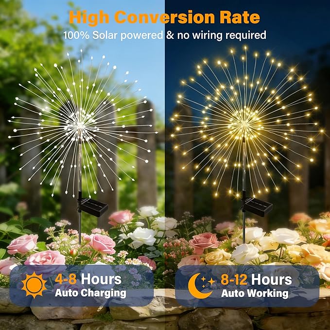 Solar Garden Lights Outdoor Decor Waterproof, 3Pack 120LED Firework Lights for Garden Decorative, Fairy Lights Solar Powered for Yard, Patio,Pathway,Flowerbed,Planter,Party(Warm White)