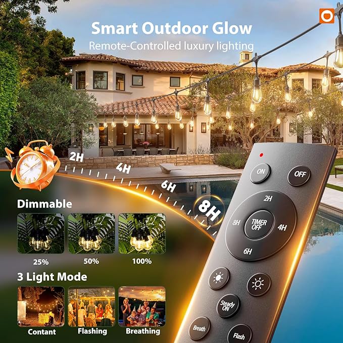 addlon 50FT Outdoor String Lights LED with Remote Dimmable Patio Lights Waterproof Shatterproof Edison Bulb for Outside Backyard Porch Garden Bistro Pergola Party Decor, Warm Ambience Lighting