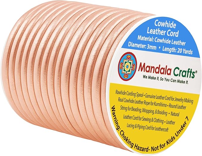 Mandala Crafts Round Genuine Rose Gold Leather Cord for Jewelry Making – 3mm Cowhide Leather Rope String Lace for Kumihimo – 20 Yards Cowhide Craft Cording Spool