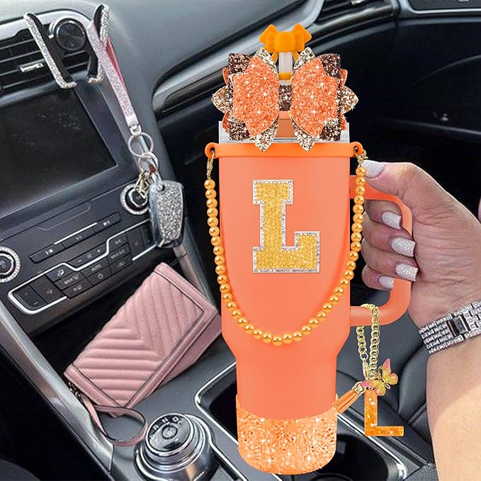9PCS Orange for Stanley Cup Accessories Set Bling Initials Bow Charms for Stanley Decorations 30/40 Oz Tumbler Accessories Including Bow Straw Topper, Handle Strap, Spill Stopper（Letter L）