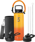 Trebo 40oz Water Bottle with 3 Lid and handle, Vacuum Insulated Stainless Steel Metal Outdoor Leakproof BPA-Free Flask, Keep Cold 48 Hours Water Jug, Best Gift for Men Women Holiday, Orange