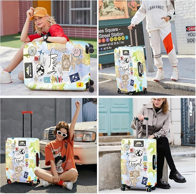 ANNA QUEEN Travel Collage Luggage Cover, World Map & Sticker Style Suitcase Protector for 28-30 Inch Travel Bags