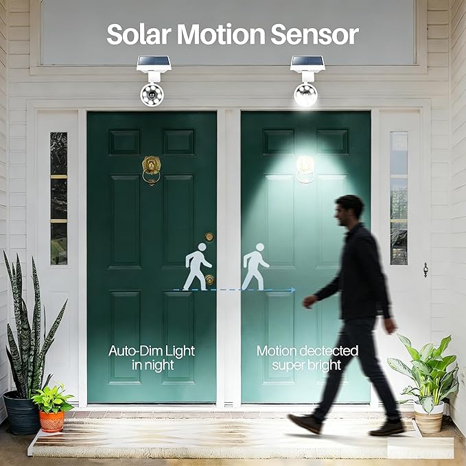 Aluminum Solar Motion Sensor Lights Outdoor - Solar Powered Flood Security Lights Cameras Fill Light for Outside Garage & Driveway Post Patio Pathway Deck - IP66 Waterproof, 3-Day Rain Battery,