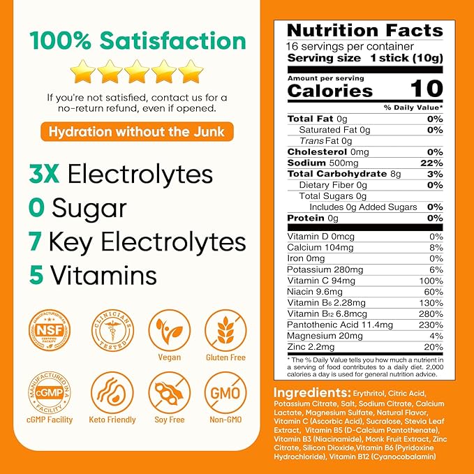 Venture Pal Sugar Free Electrolytes Powder Packets - Liquid Daily IV Hydration Packets | Instantly Hydrating & Party Recovery | 5 Vitamins & 7 Electrolytes | Certified Vegan, Keto, Non-GMO | 16 Sticks
