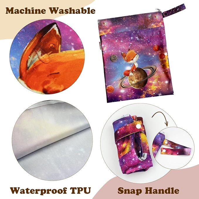 Mama Koala Wet Dry Bags, Portable Washable Reusable Baby Cloth Diapers Bags, 2pcs Medium Size for Travel Beach Laundry Pool Gym Yoga (WB-Space Travel)