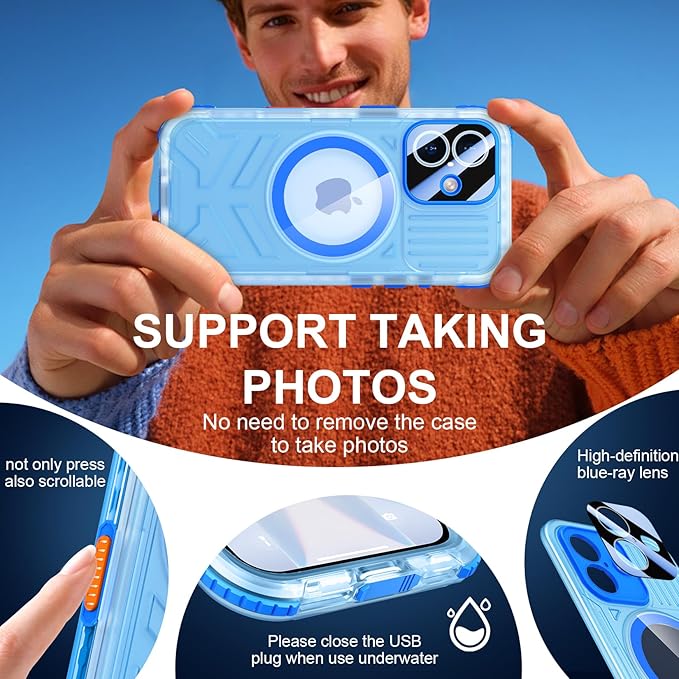 SPIDERCASE Magnetic for iPhone 17 Case Waterproof,[Built-in Screen & Camera Protector] [IP68 Underwater] 12FT Military Shockproof, Dustproof, Anti-Scratched Phone Case,Blue/Clear