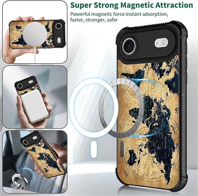 for iPhone 17 Air Case,for MagSafe Graphic Design for Girl Boy Soft Silicone Hard Acrylic Shock Protection Designed for iPhone 17 Air Brown World Map Pattern