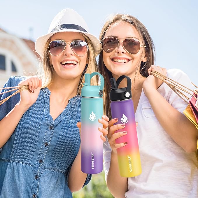 SENDESTAR Stainless Steel Water Bottle, Wide Mouth Water Bottle 32 oz with Straw Lid, Spout Lid, Double Wall Vacuum Insulated Leak Proof, Keeps Liquids Hot or Cold (Peach)