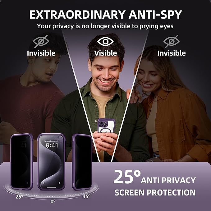 TIESZEN for iPhone 15 Pro Case, Compatible with MagSafe, Built-in Privacy Screen Protector and Camera Protection, Anti Spy Full Body Dustproof Shockproof Hard Phone Case 6.1", Deep Purple
