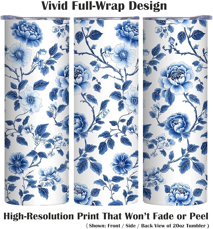 Firmiso 20 oz Tumbler｜Skinny Insulated Travel Mug｜Blue White Peony Chinoiserie Stainless Steel Cup with Lid and Telescopic Straw｜Elegant Floral Drinkware｜Gift Idea for Women and Men