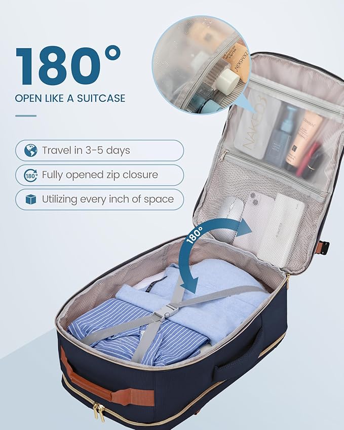 LOVEVOOK Travel Backpack for Women & Men 40L,Airline Approved Carry On Backpack Travel Essentials,TSA Carry on Luggage,Waterproof Personal Item Travel Bag,Suitcase with 3 Packing Cubes,Dark blue-Brown