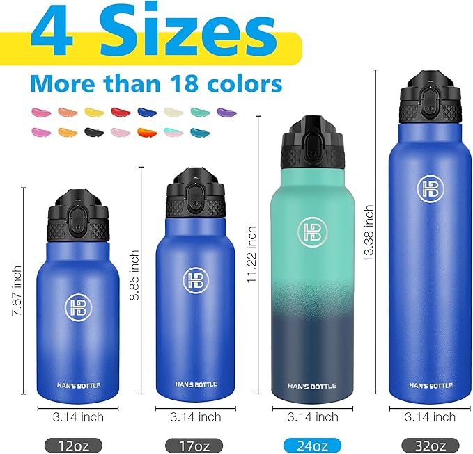 Han's Bottle Sports Water Bottle - 24 Oz, Straw Lid, Leak Proof, Vacuum Insulated Stainless Steel, Double Walled, Thermo Mug,Gradient Blue