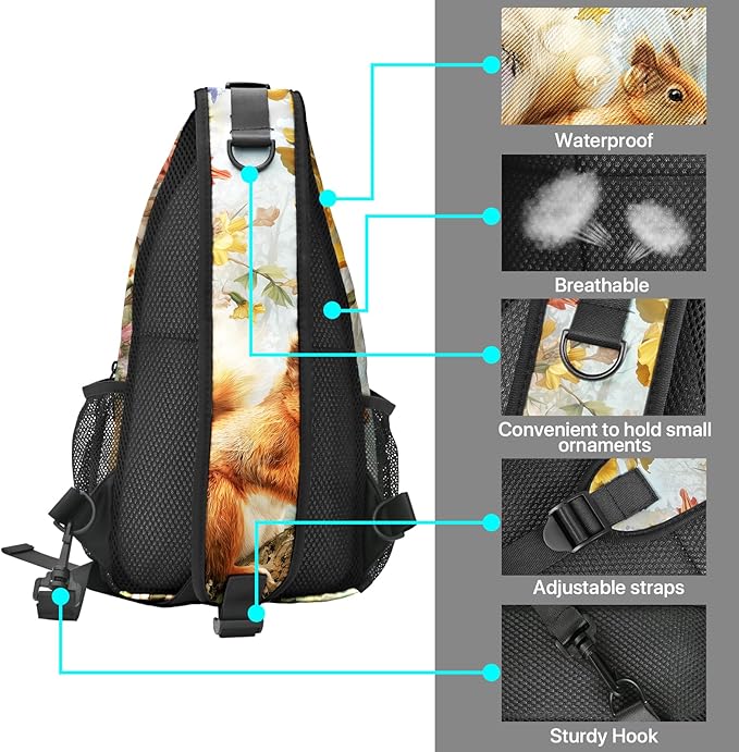 FyLybois Squirrel Sling Bag for Women Lightweight Crossbody Backpack Casual Daypack with Adjustable Strap for Travel Work Hiking Everyday Use